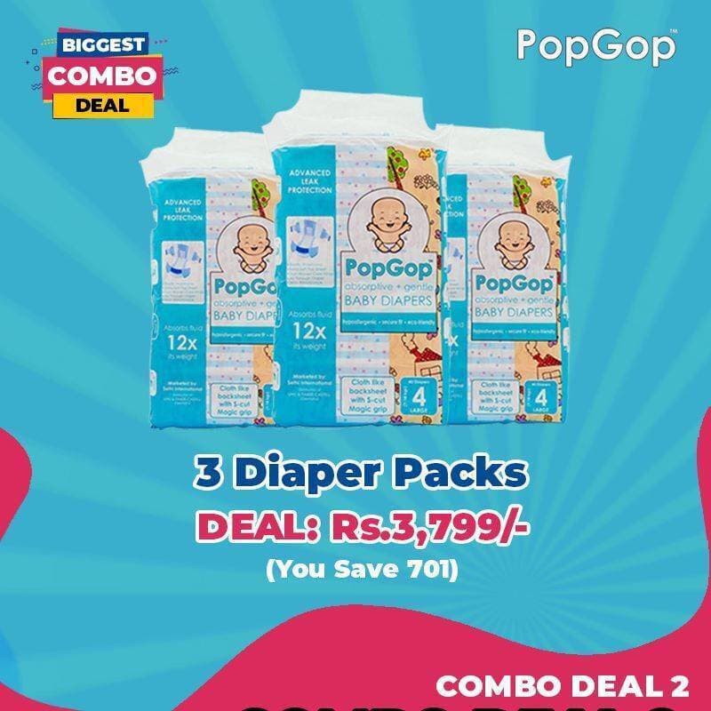 Combo Deal 3 Packs PopGop Baby Diapers - Large Size 4 For 7 to 18 KG