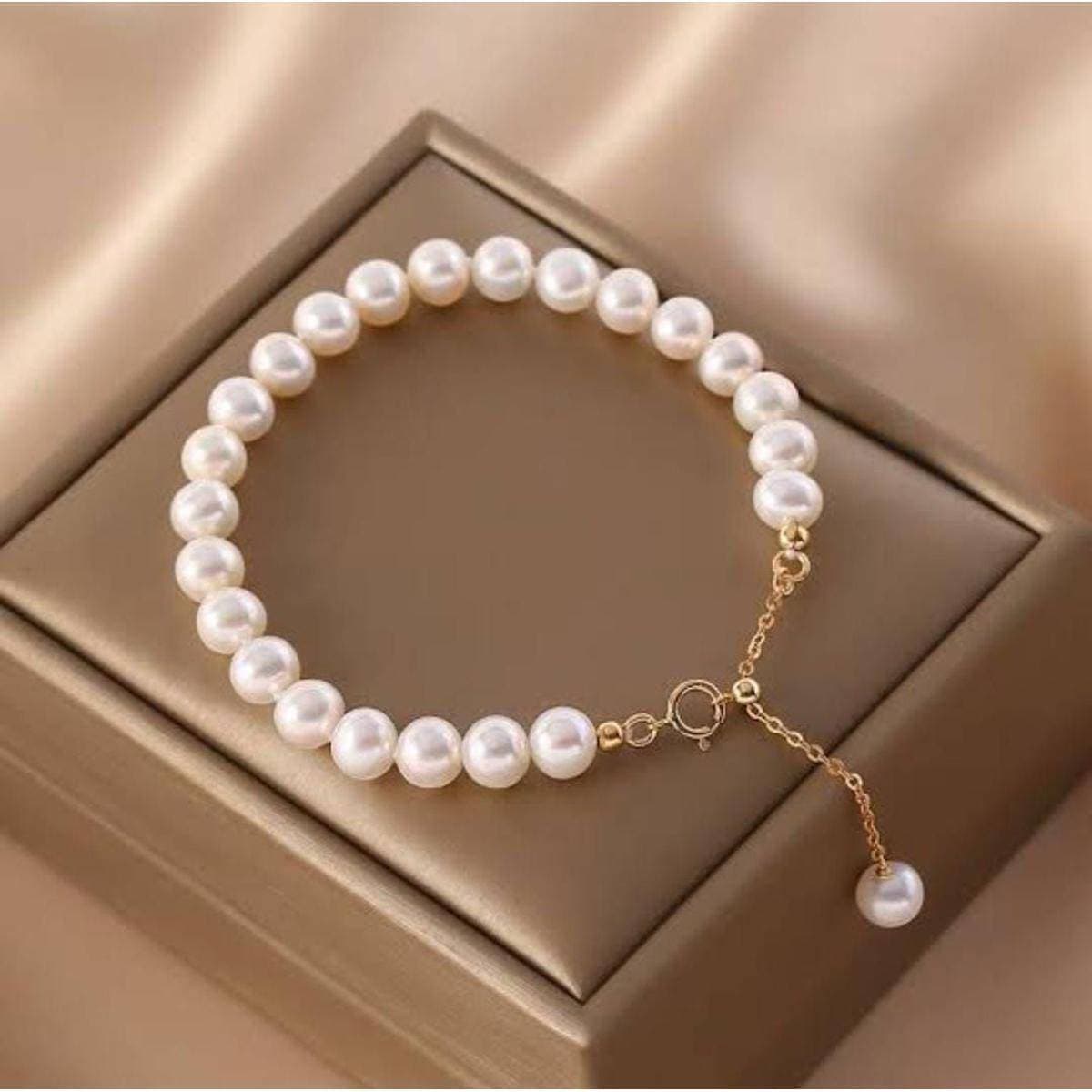 Bridal White Pearl Hand Bracelet with Adjustable Golden Chain For Women