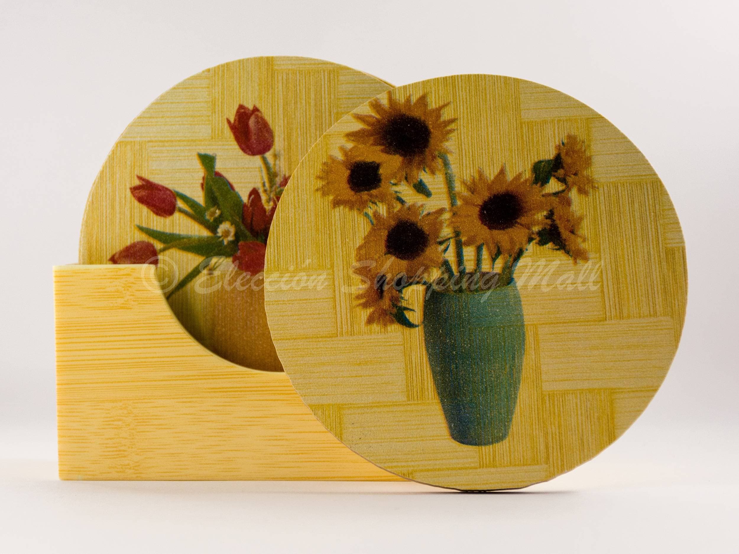 Bamboo Wood Flower Printed Round Coasters/Cup mats for Tea cups and Drink glasses