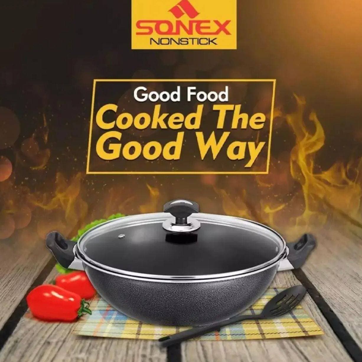 Sonex Non Stick 30cm Cooking Wok With Glass Lid