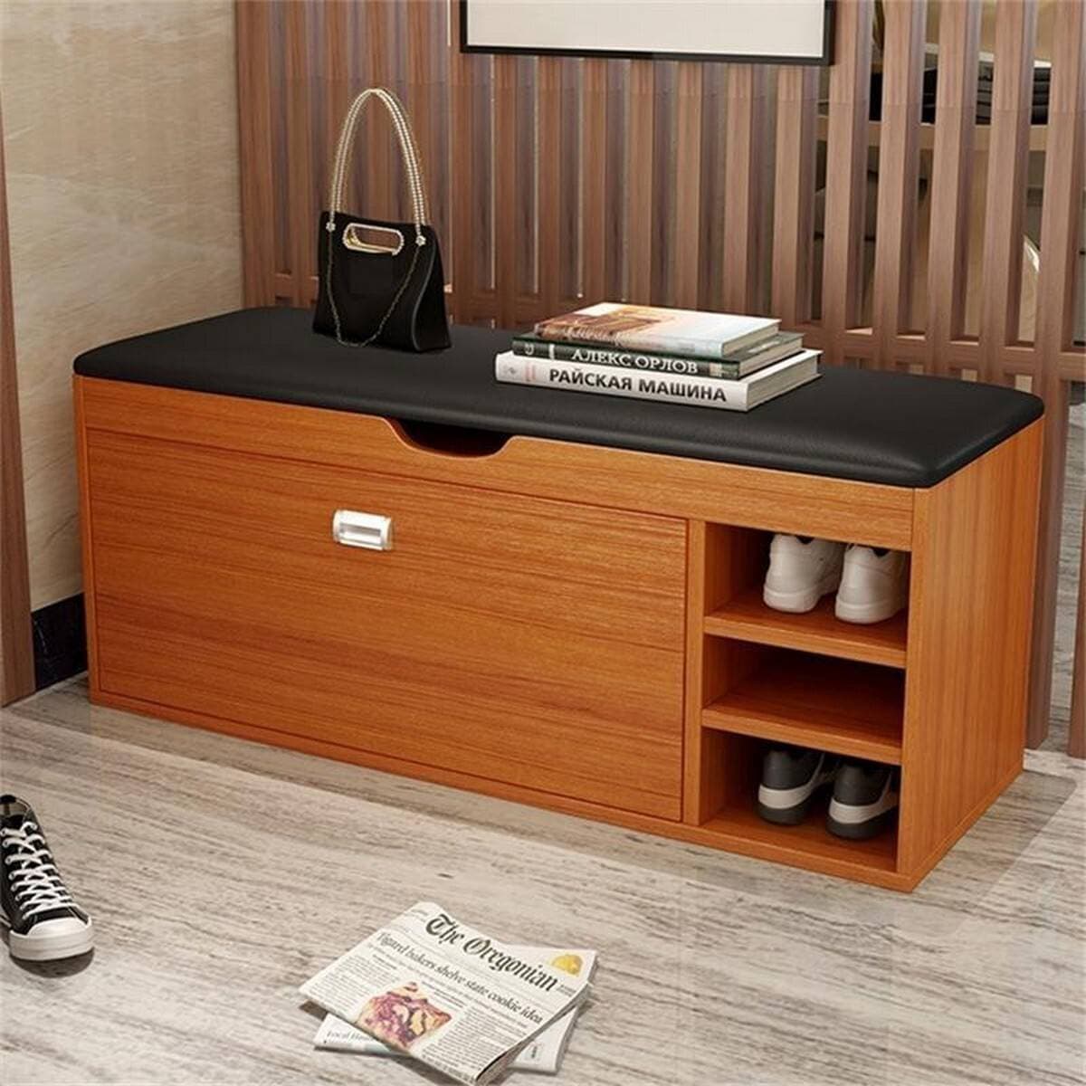 Wooden Flip Drawer Shoe Storage Organizing Bench