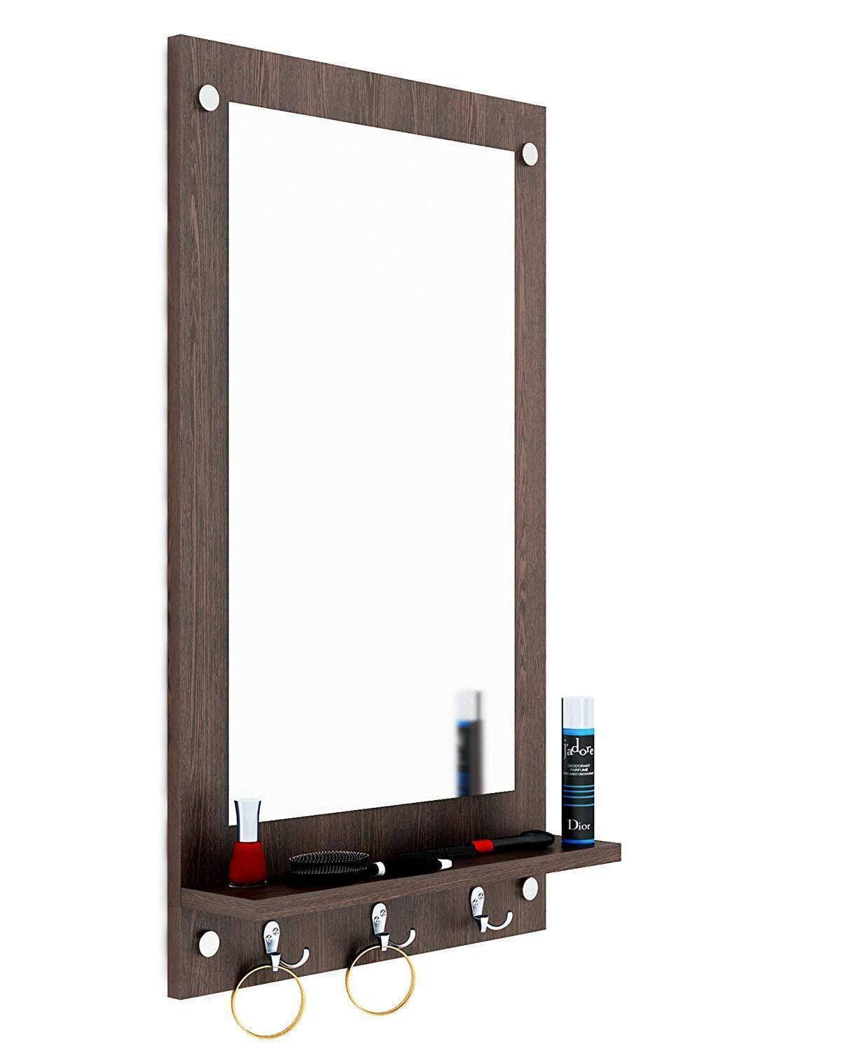 Wooden Wall Mirror with Shelf and Hanging Hook