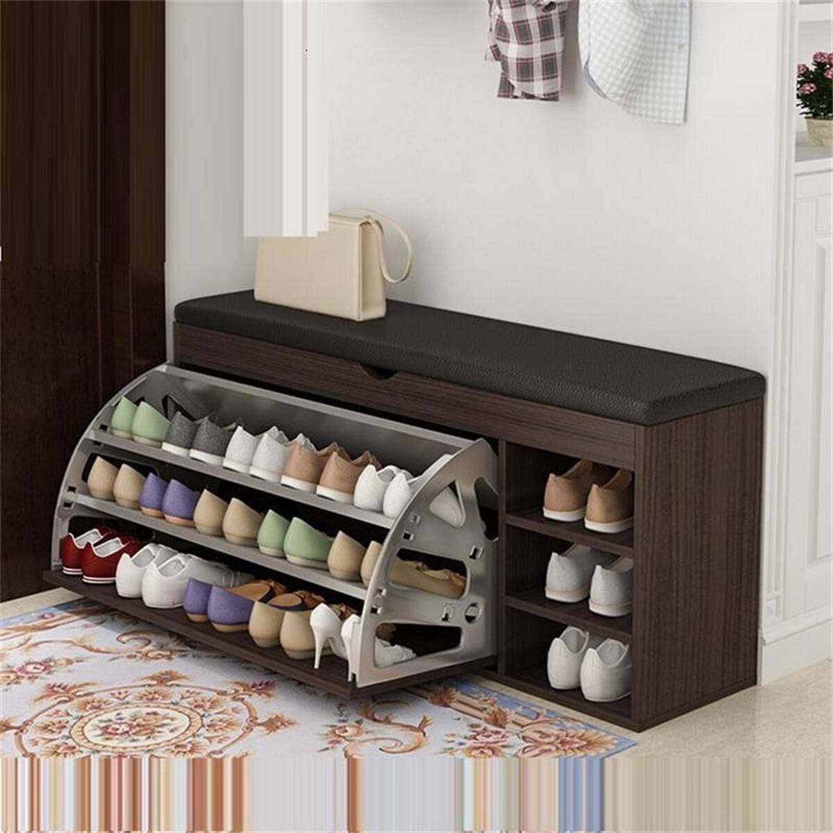 Wooden Flip Drawer Shoe Storage Sitting Bench