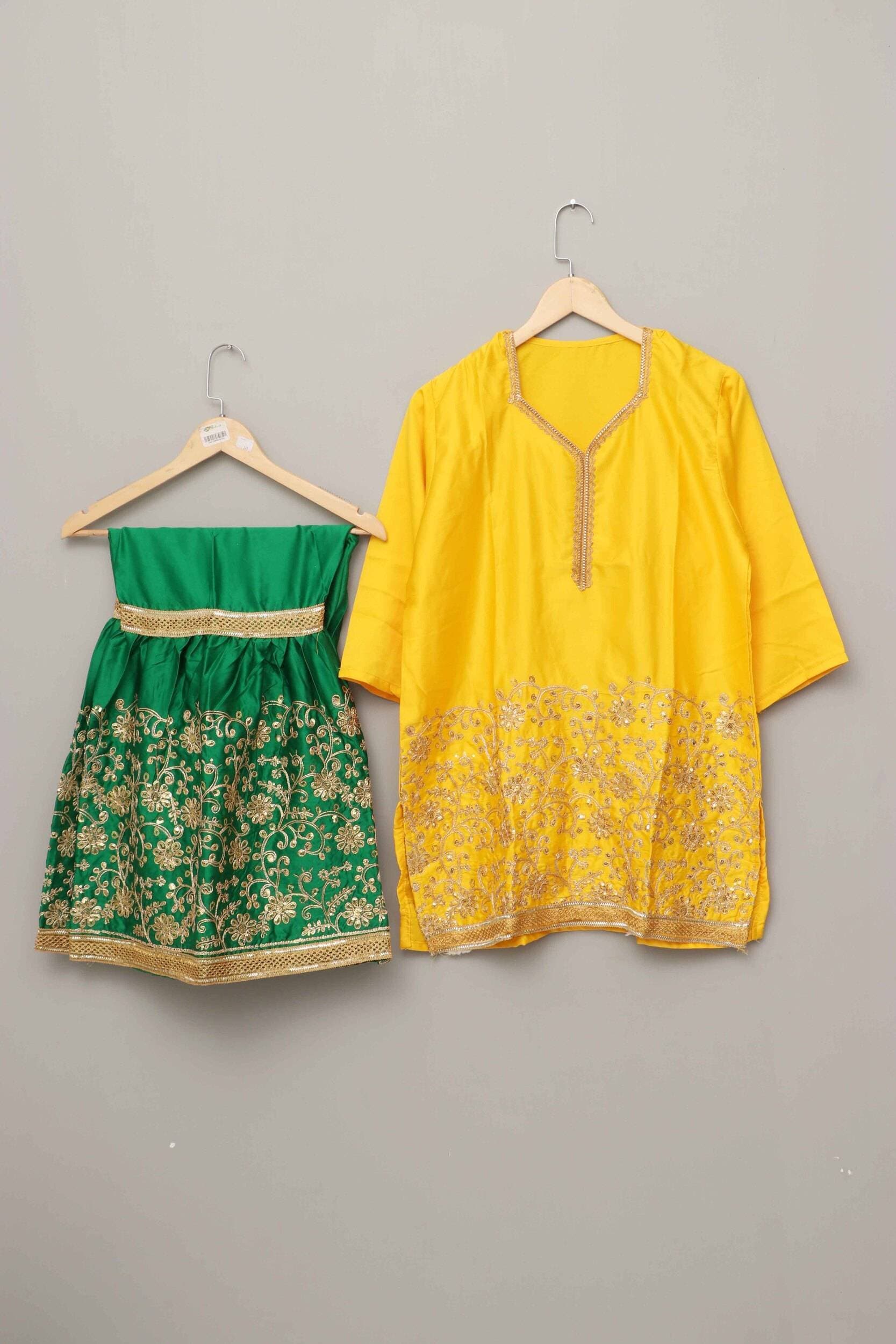 Mehndi Lehenga Suit For Kids - Yellow & Green