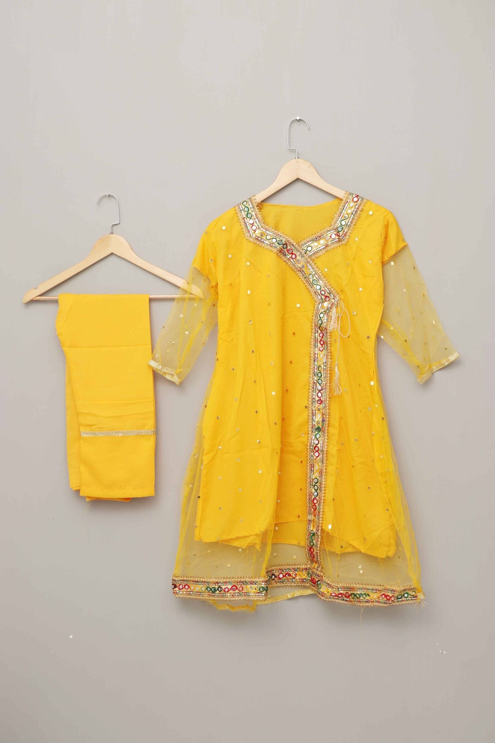 Net Fabric Mehndi Lehenga Suit For Kids - Yellow