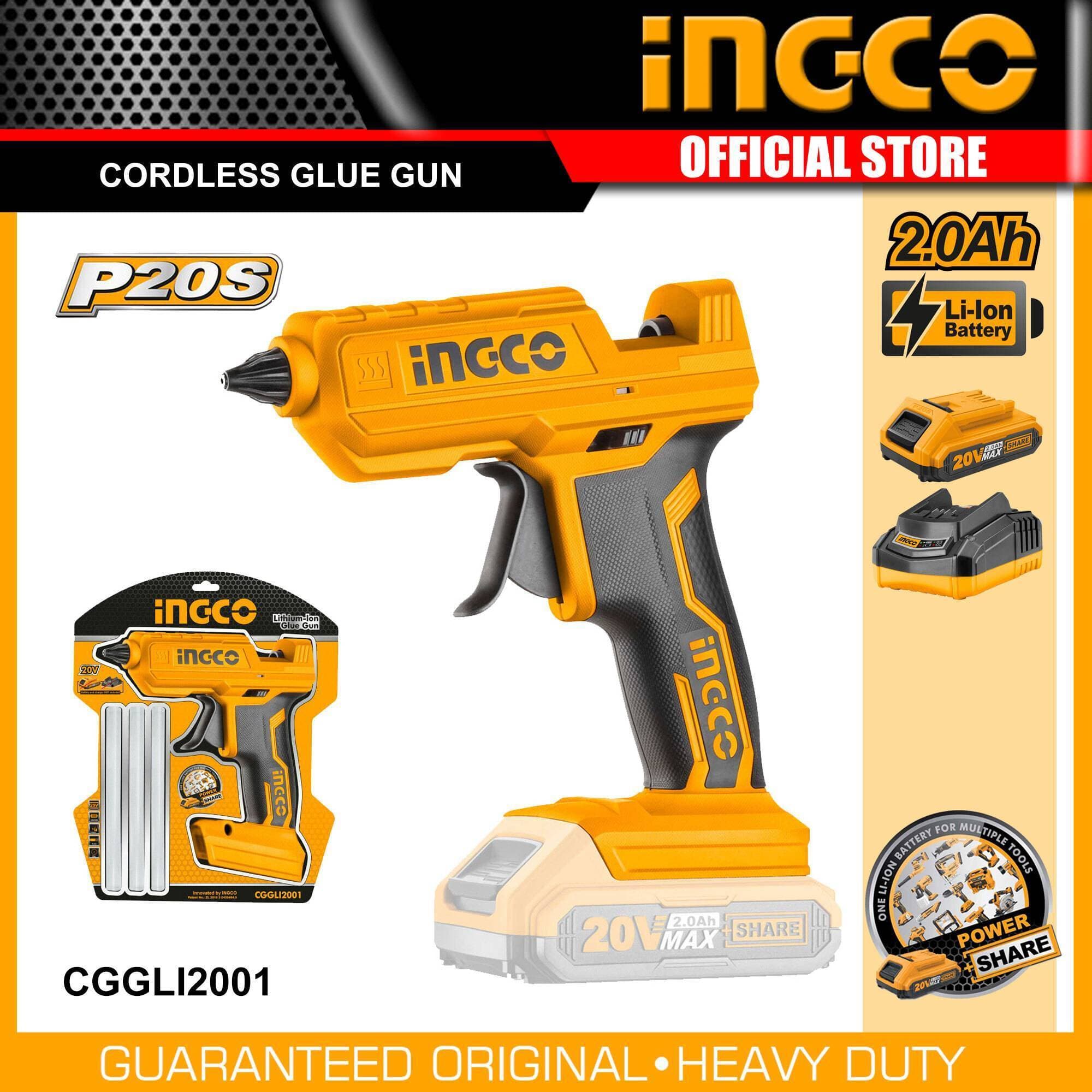 INGCO 20V Lithium -Ion Glue Gun With 3Pcs Glue Sticks (With Battery And Charger)