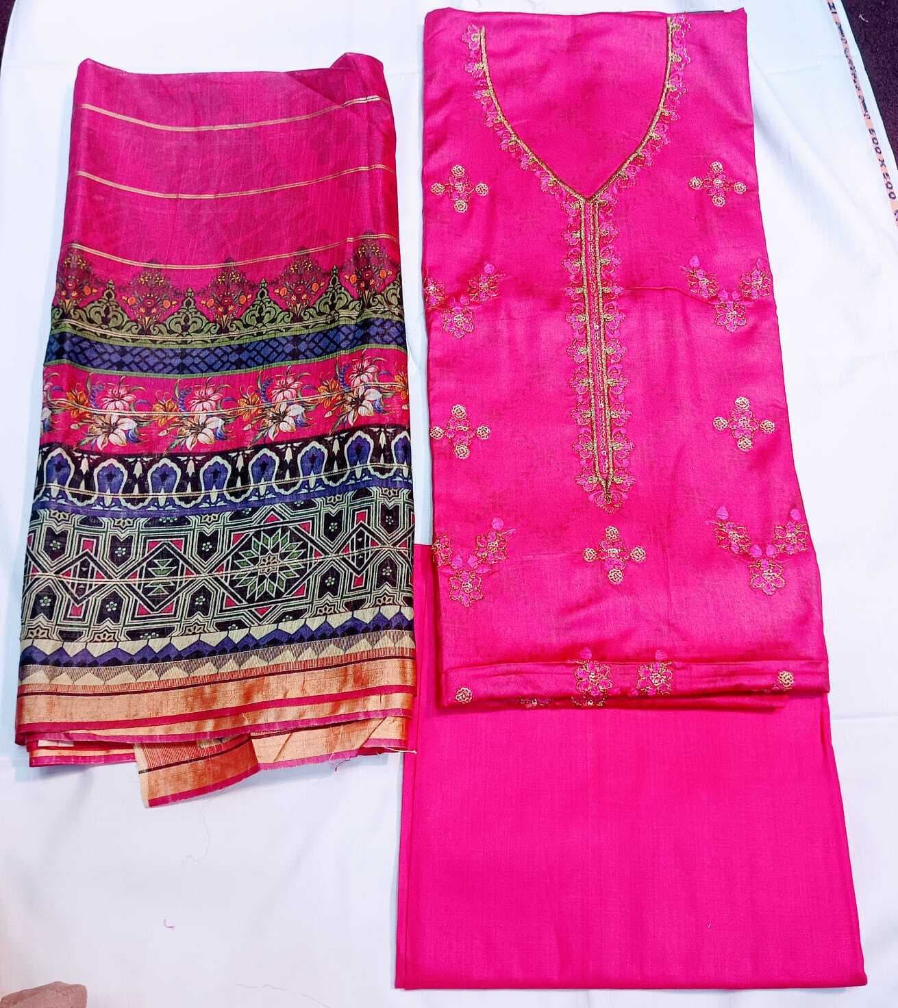 3 PCS Linen Unstitched Suit With Diamond Dupatta For Women