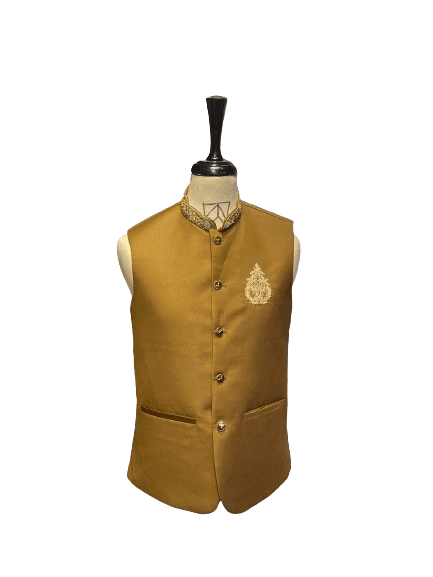 Azlan Shahzad Motive Embroidery Camel Brown Waist Coat For Men