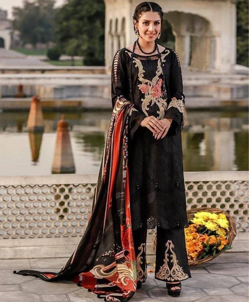 Heavy Embroidered 3 PCS Women Unstitched Suit - Black - Ra-20