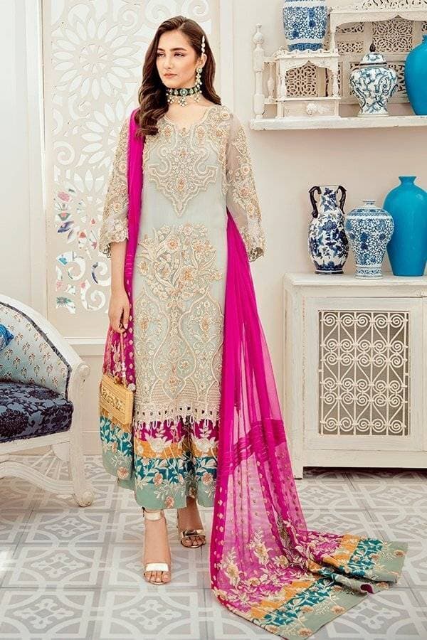 Chiffon Embroidered 3 PCS Women Unstitched Saree - Multi Colors - Ra-37