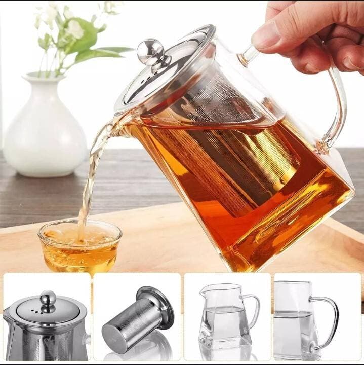 Square Glass Teapot with Heat Resistant Stainless Steel Infuser - 950ml