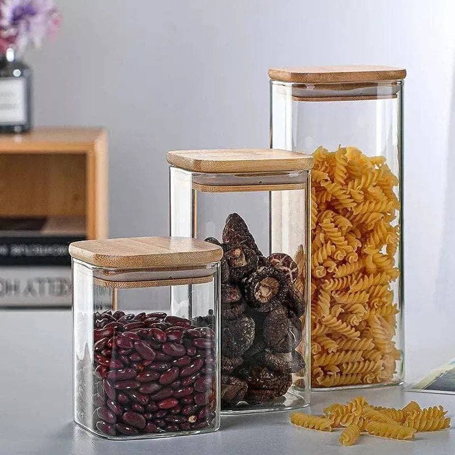 Pack Of 3 - Square Round Wooden Lid Glass Jar Food Storage Set