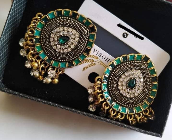 Green Color Metal Earings For Women - 1 Pair