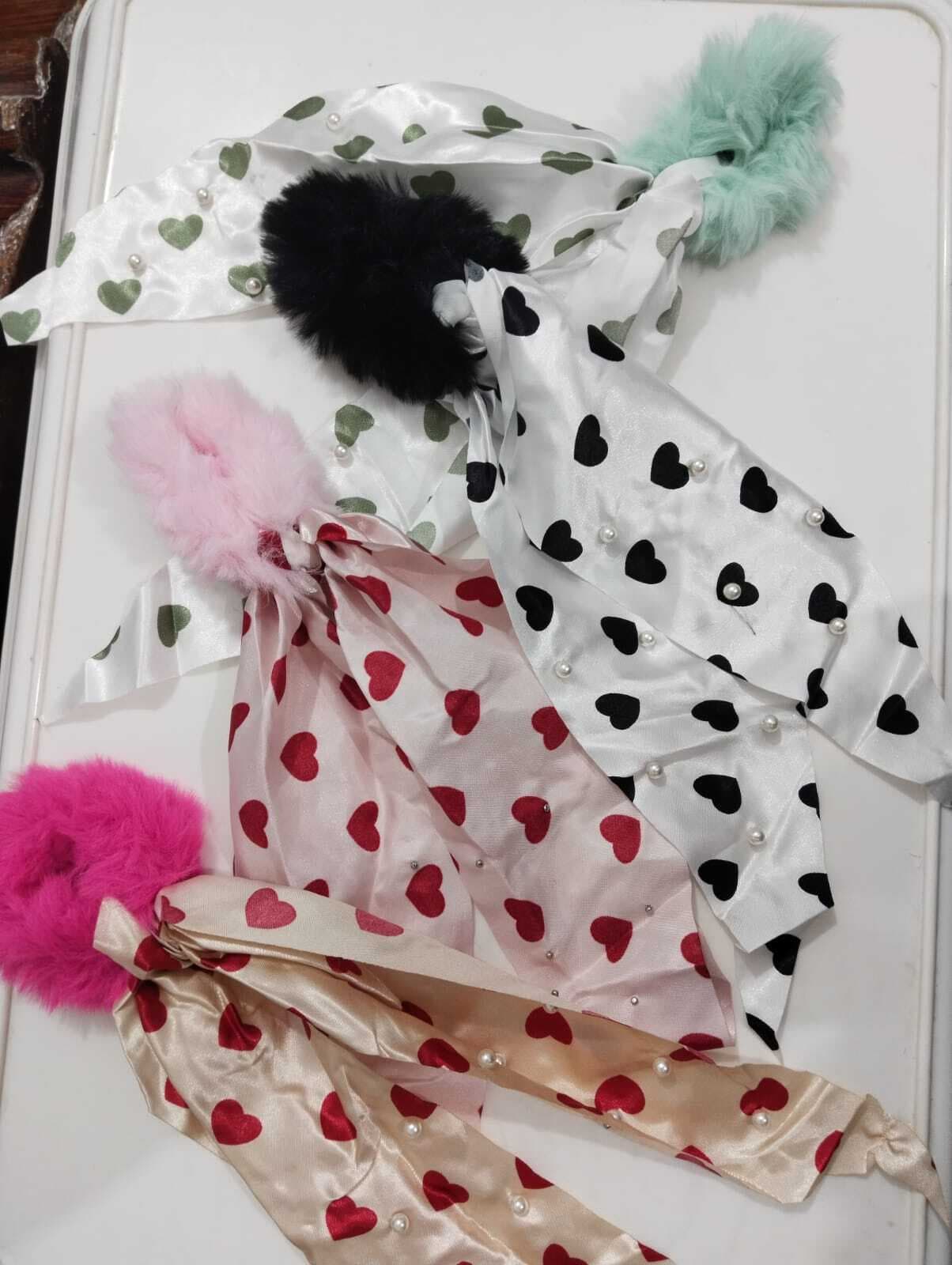 Heart Print Bow Satin Long Ribbon Scarf For Women - 1 Piece
