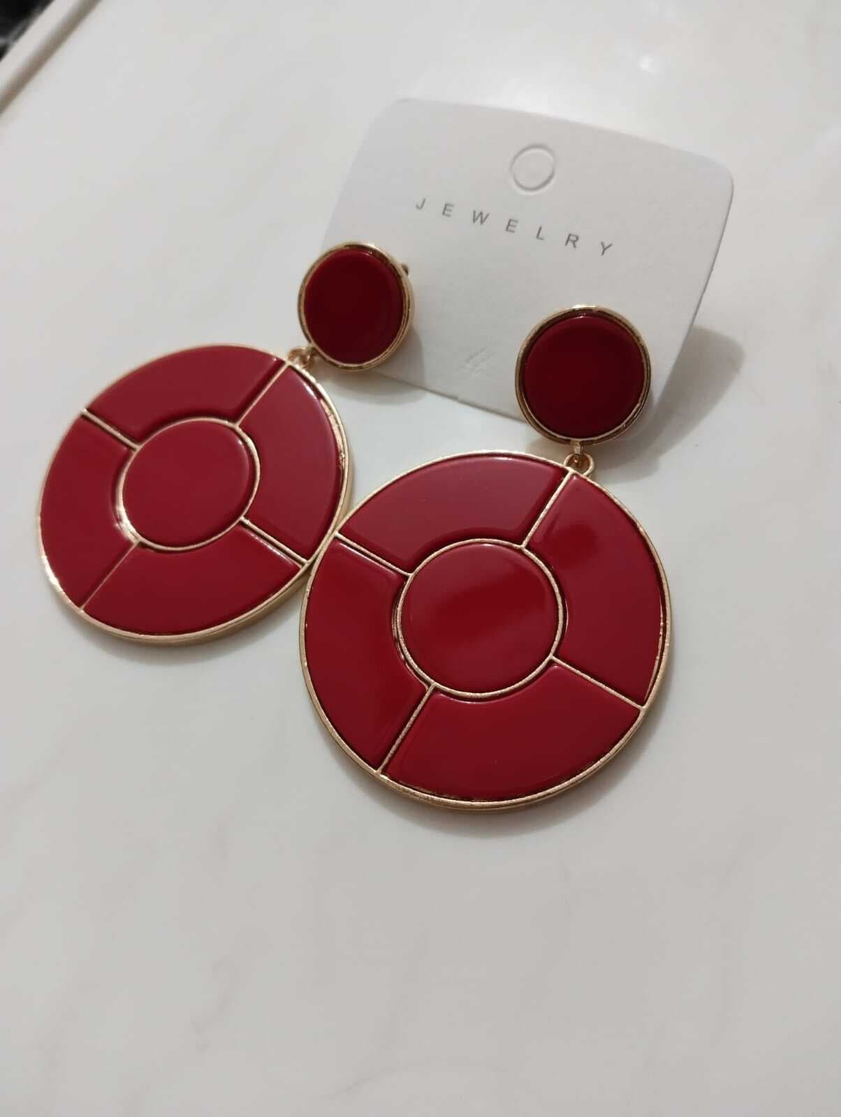Red Antique Metal Round Shape Heavy Earing - 1 Pair