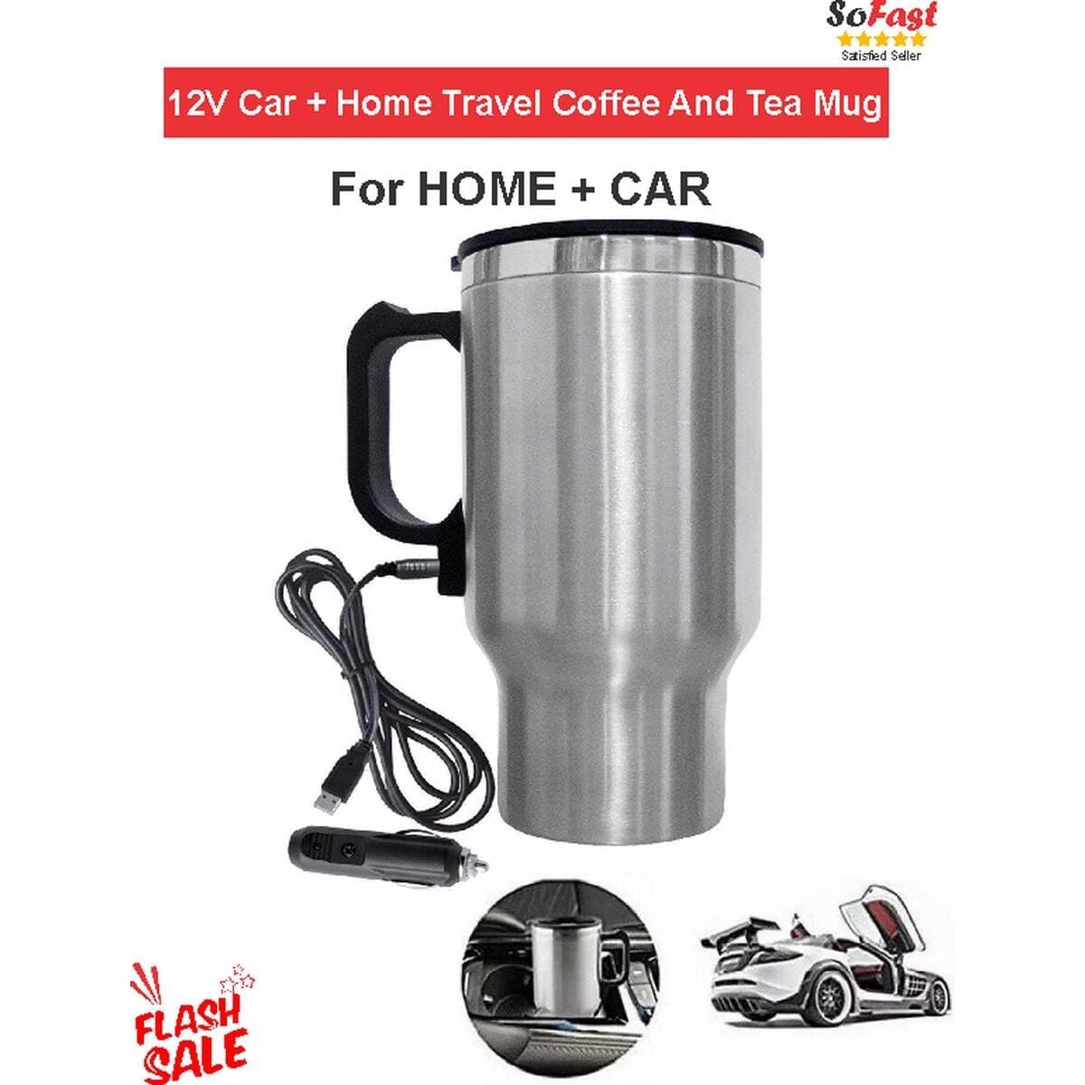 12V Car + Home Travel Coffee And Tea Mug - Silver