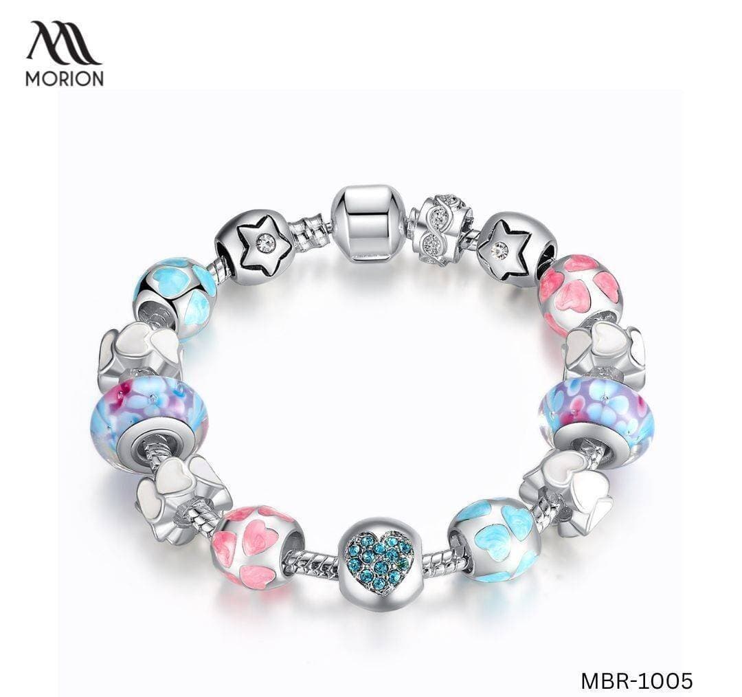 Heart Charm Beads Silver Plated Blue Bracelet For Women MBR-1005
