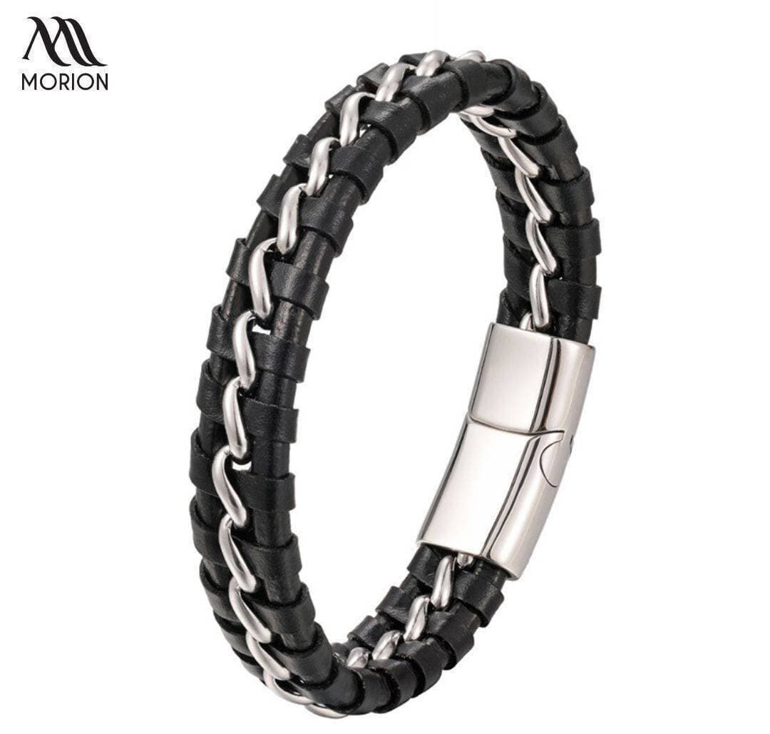 Men Leather Bracelet Manual Weave Stainless Steel Bangles