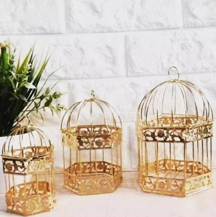 Pack Of 3 Fast Forward Gold Metal Wedding Birdcage Gift Card Holder Centerpieces Vintage Wedding Cage Reception Pieces-Golden