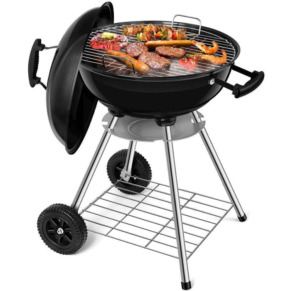 Premium Quality Charcoal Grill BBQ Grill Trolley with 2 Grids 2 Wheels Storage Compartment Ash Tray Thermometer Adjustable Ventilation, 47 x 49 x 80cm