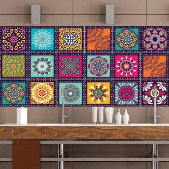 Kitchen Tile Stickers Pack of 12 Pcs. 12x12 cm Colorful Pattern Design Wall Decorative Self Adhesive