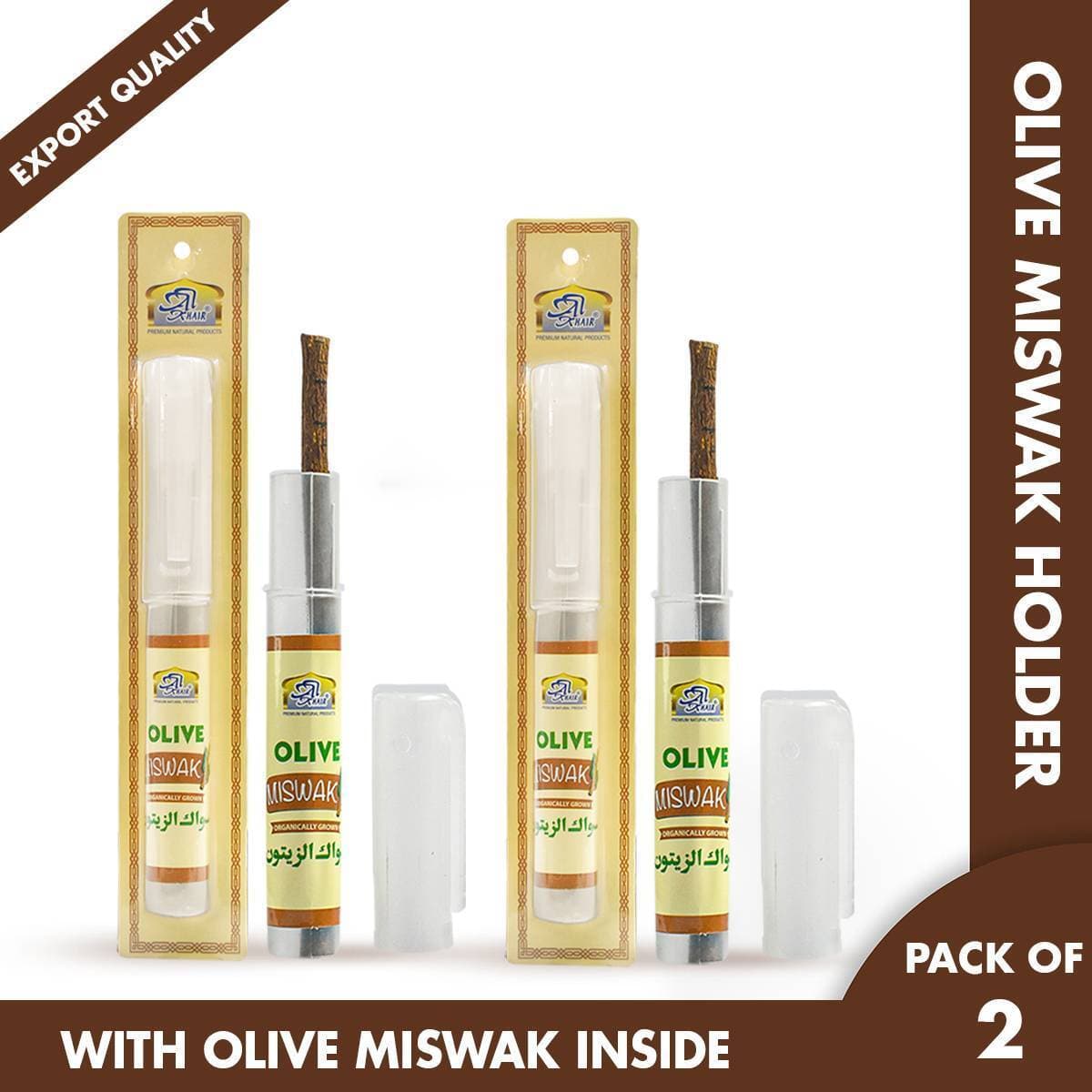 AL khair Miswak with Holder (Pack of 2) Olive (Zaitoon) Thin 6 Inch size Miswak