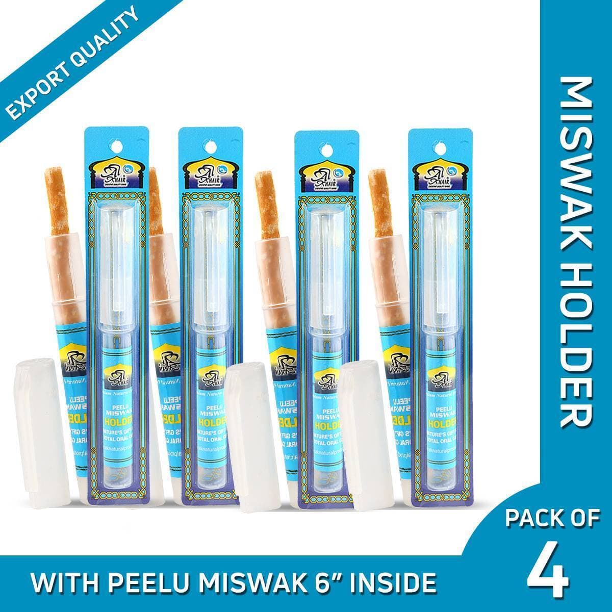 AL khair Miswak with Holder (Pack of 4) Peelu Miswak - 6 Inch size - Thin Miswak
