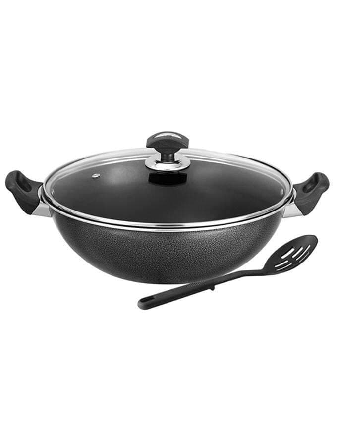 Non-Stick Cooking Wok with Glass Lid - Black