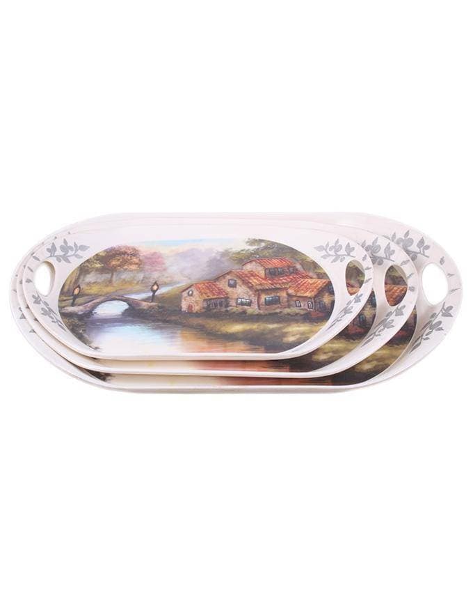 Pack of 3 -Flower Melamine Tray Set - White