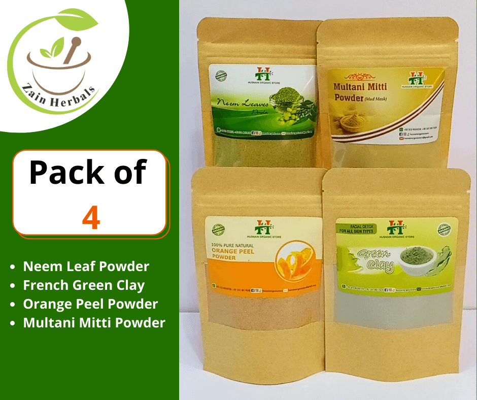 Zain Herbals | Pack Of 4 | Neem Leaves Powder, Multani Mitti Powder, Orange Peel Powder, Green Clay (Total Weight 300G) | Glow Skin | Draw Toxins And Impurities