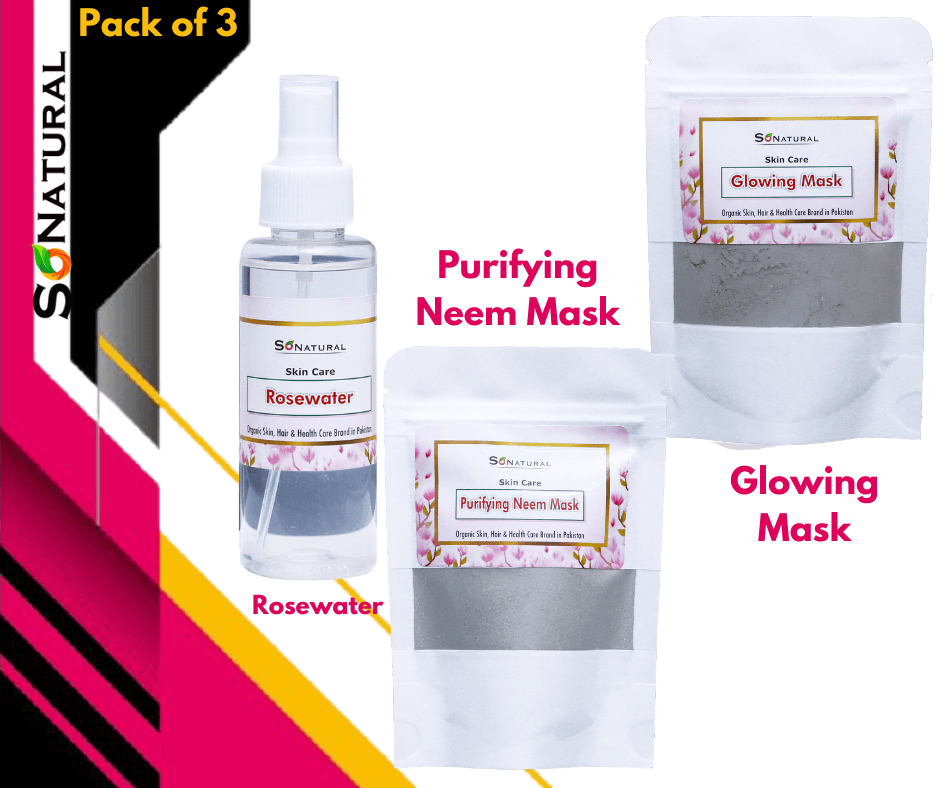 SoNatural - Pack Of 3 - Purifying Neem Mask, Glowing Mask & Rosewater (Total Weight 240G)