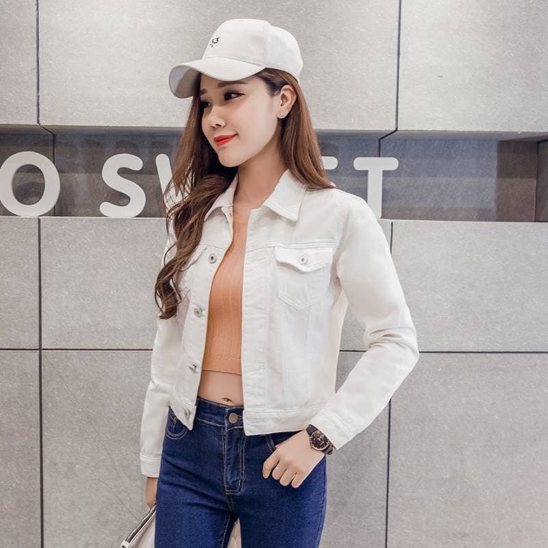 Spring Autumn Women Clothing Cowboy Solid Denim Jacket - Skin