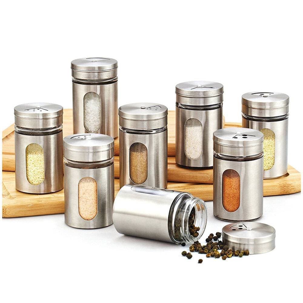 Cylinder Stainless Steel Kitchen Storage Glass jar Set 12Pcs