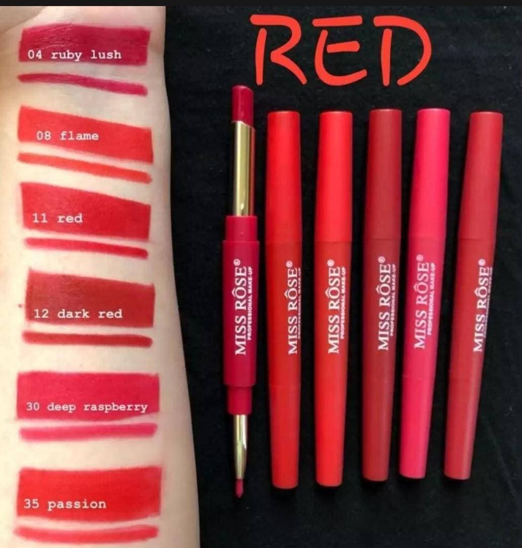 Pack of 6 Lipstick 2 in 1 Miss Rose Double Head Waterproof Long Lasting Lip Liner Stick Pencil Lipstick