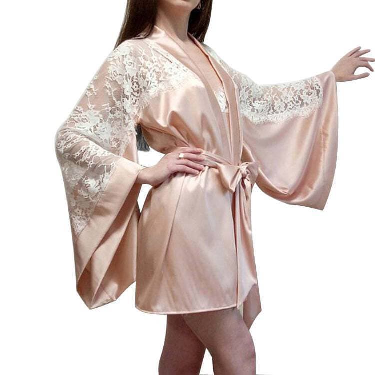 Lace Embroidered Shoulders & Sleeves Short Robe Silk Gown For Women