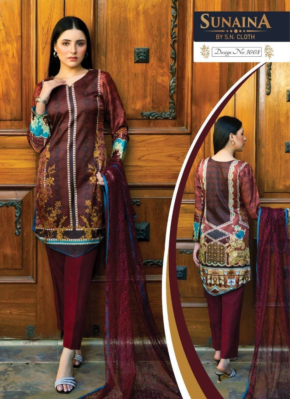 3 Pieces UnStitched Lawn Printed Suit For Ladies - 3008