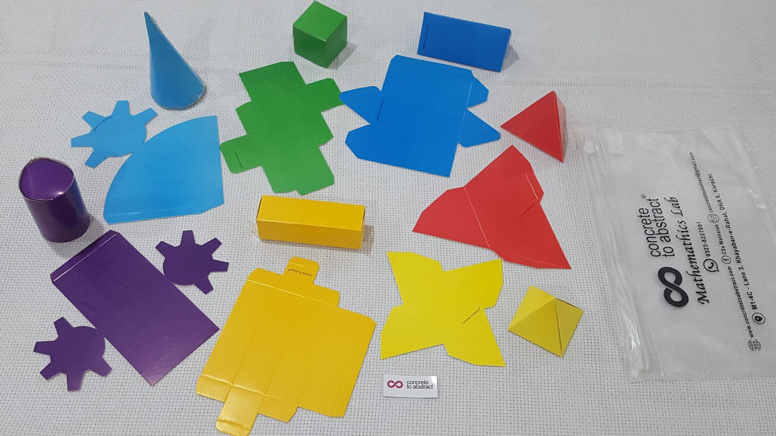 2D Nets 7 pcs Cube, Cylinder, Cone, Prisms, & Pyramids (Solids not included)