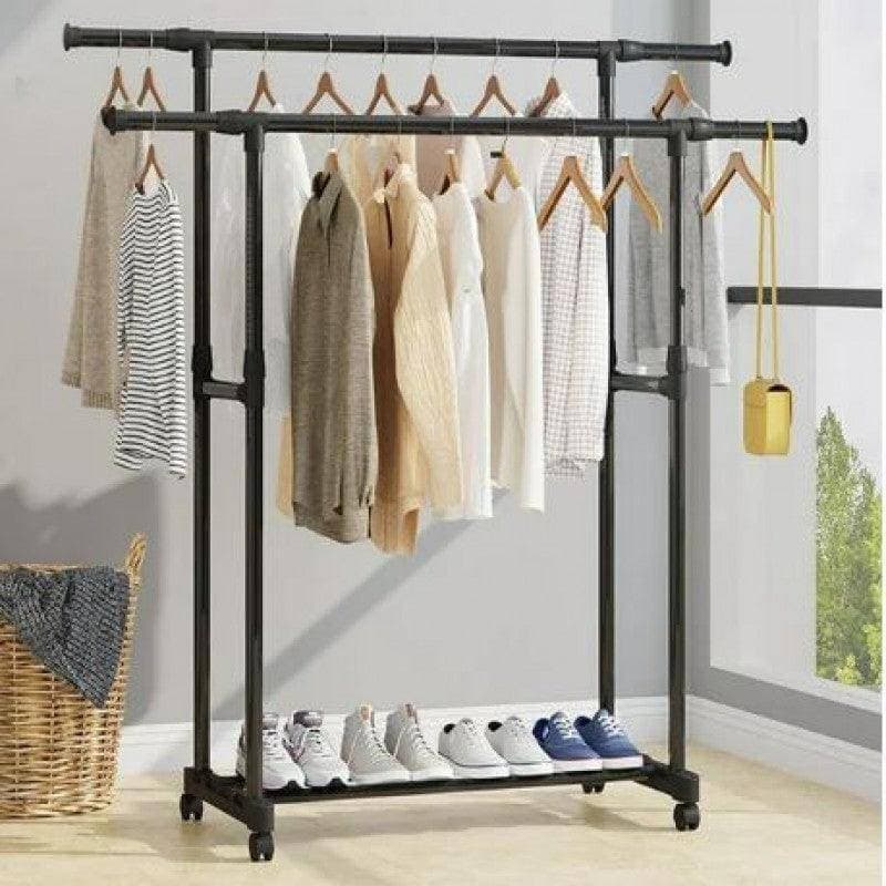 Double Pole Portable Clothing Hanging Garment Rack Stand