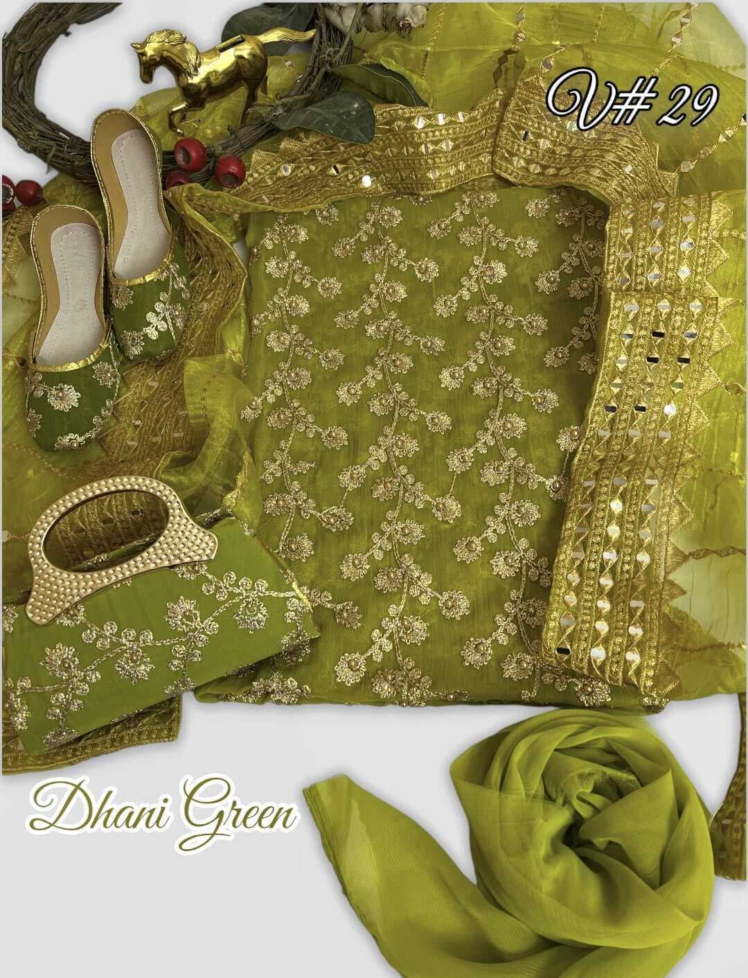 Party Wear 5 PCS Pack With Khussa And Clutch For Women - Dhani Green