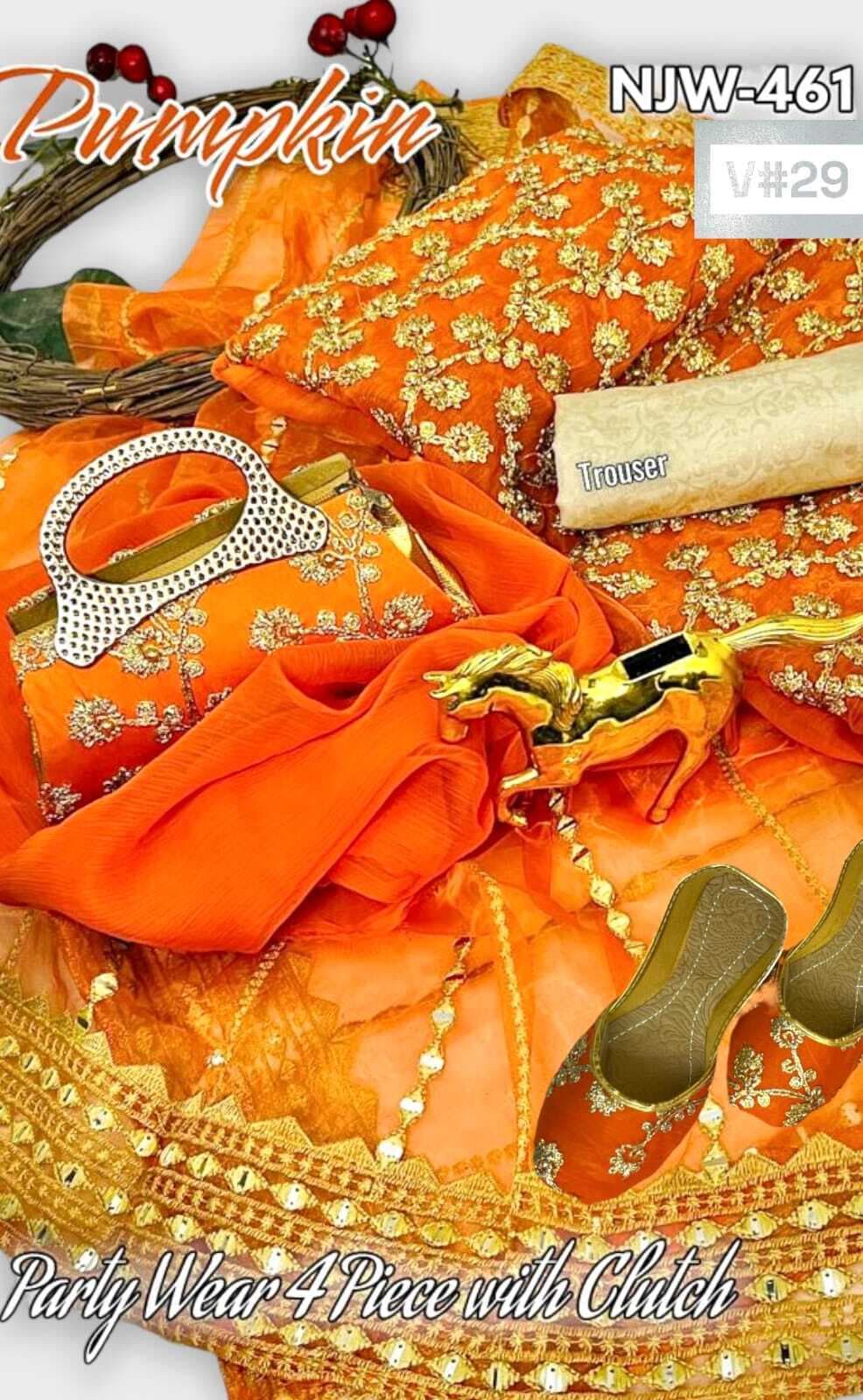 Party Wear 5 PCS Pack With Khussa And Clutch For Women - Pumpkin