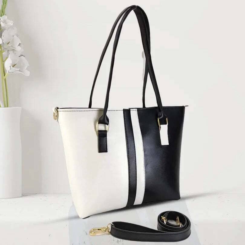 Women Fashion Color Contrast Tote Bag Shoulder Bag Black And White