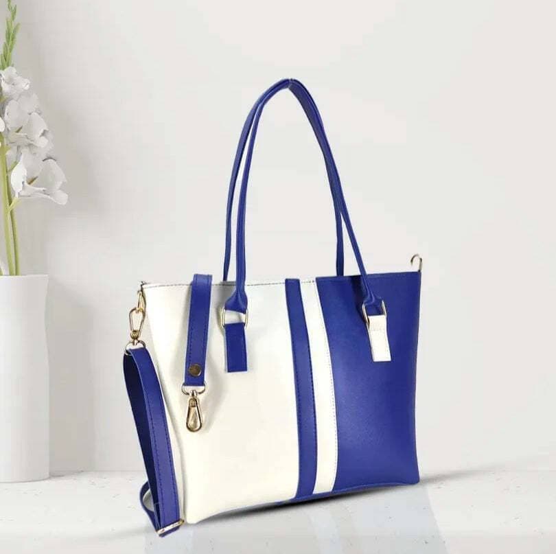Women Fashion Color Contrast Tote Bag Shoulder Bag Blue And White
