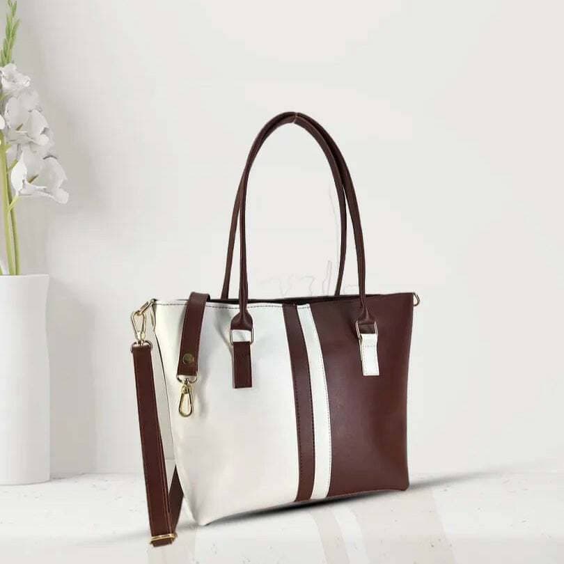 Women Fashion Color Contrast Tote Bag Shoulder Bag Brown And White