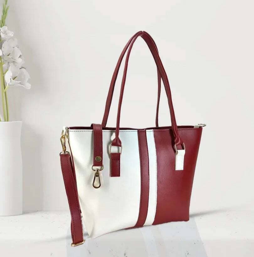 Women Fashion Color Contrast Tote Bag Shoulder Bag Maroon And White