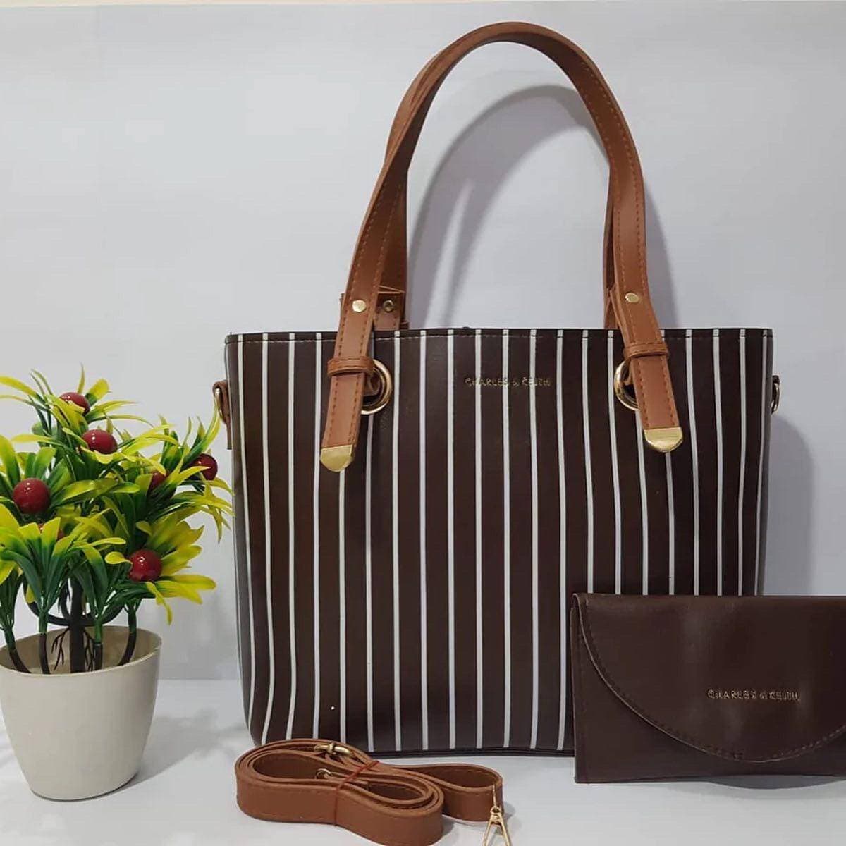 Black Line Large Tote Bag For Women - Chocolate Color