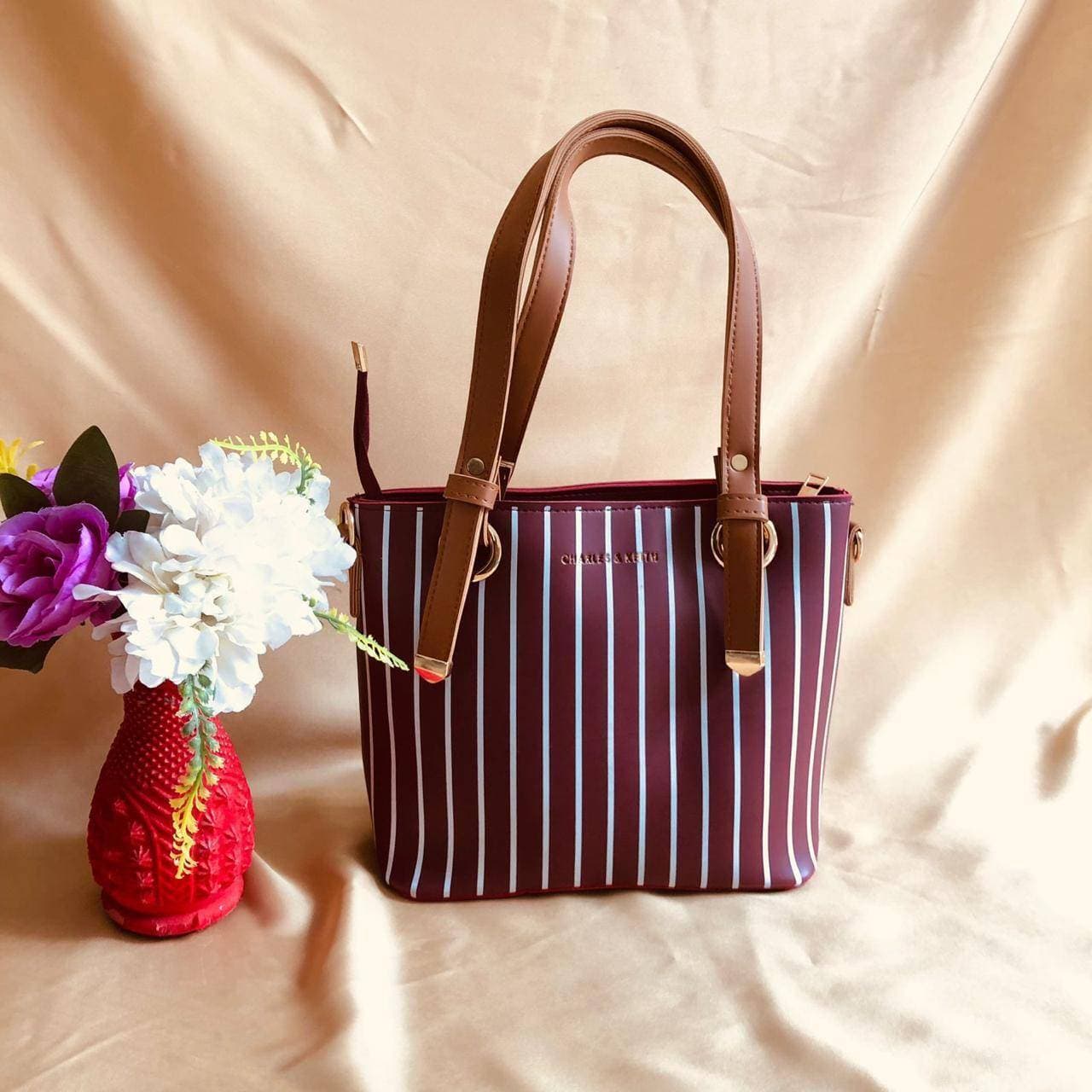White Line Tote Bag For Women - Maroon
