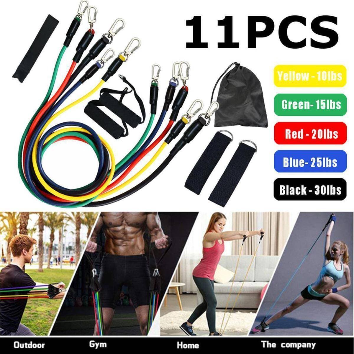 11Pcs Set Portable Yoga Pilates Body Building Resistance Bands Set