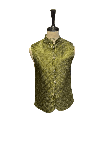 Azlan Shahzad Sequence Waist Coat For Men - Mehndi Green