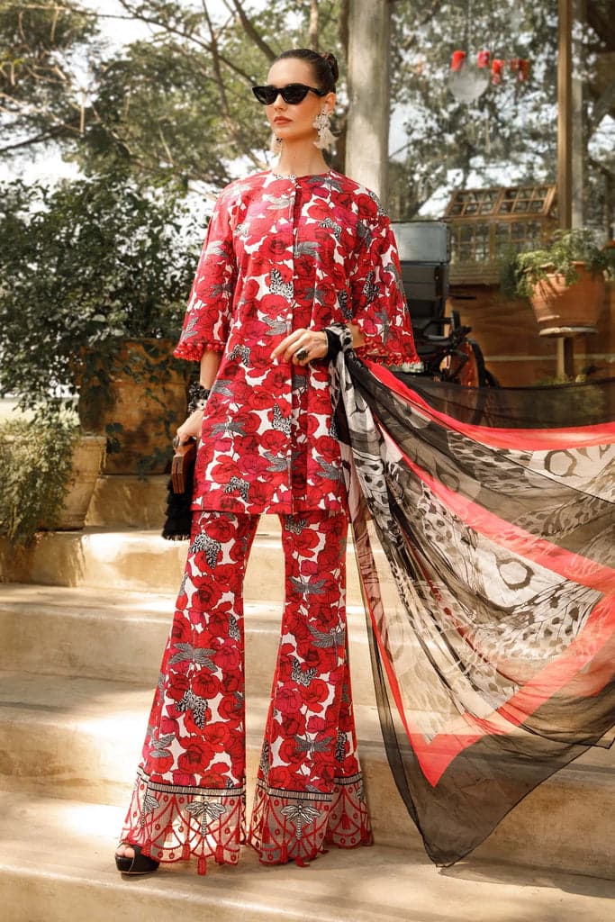 Digital Printed Red 3 PCS Women Unstitched Suit - Ra-23