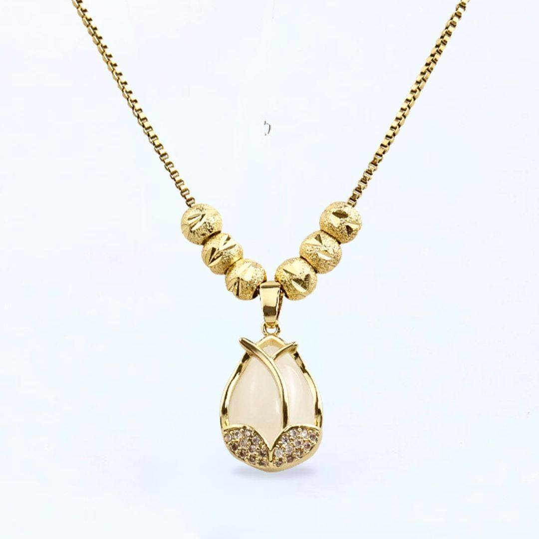 White Flower Modeling Rose With Golden Beads Pendant Necklace MNE-039